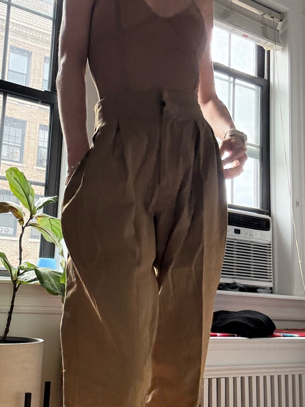 Doen High-Waist Pleated Trousers in Brown